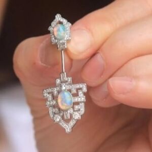 Elegant Vintage style Silver Opal & CZ Stick Pin Brooch
